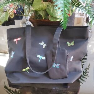 Like New Butterfly Black Tote Bag w/pouch 100% Poly 12"hx16w 6"d